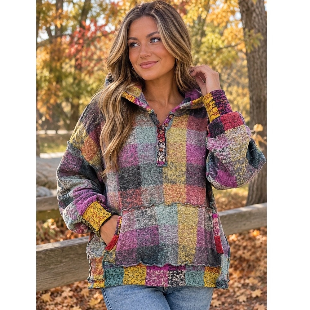 BIBI Womens Large Multicolor Plaid Patchwork Henley Oversized Hoodie Sweater